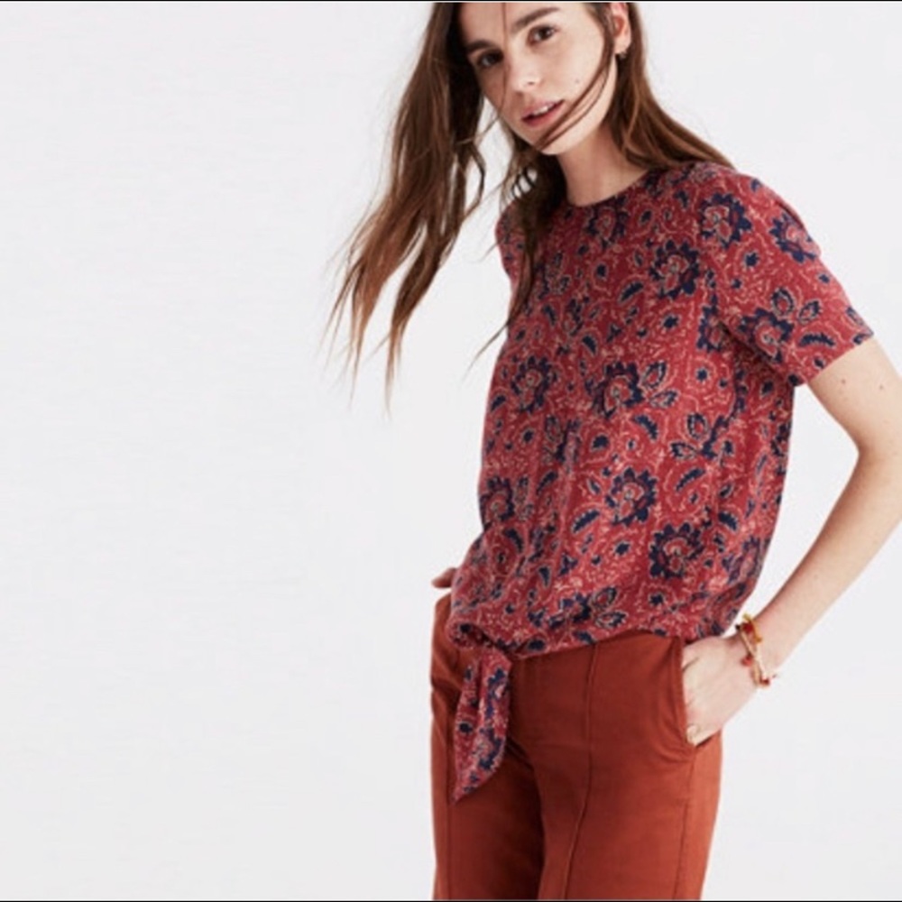 Madewell silk top with tie waist and buttoned back